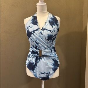 Blue Tie-Dye Halter Swimsuit